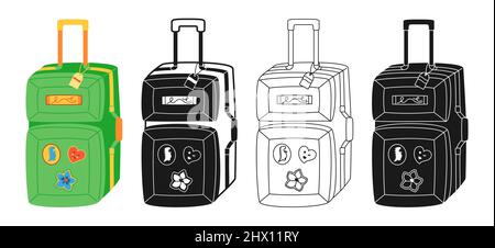 Reisetasche mit Griff auf Rädern Cartoon-Symbol gezeichnet Doodle-Set. Gepäck und Aufkleber für Reise und Tourismus moderne Ikone oder Stempel, Fall einfache Linie Zeichen. Design für Web-Design Mobile App Vektor Stock Vektor