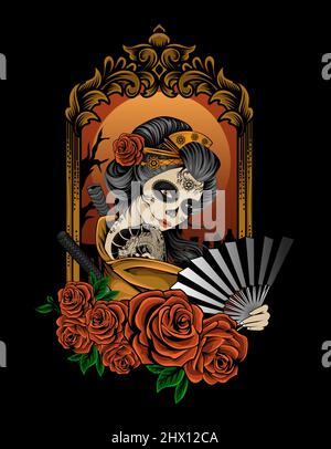 Illustration schöne Geisha Frau mit Rosenblüten Ornament Stock Vektor