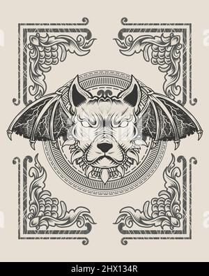 Illustration Dämon Hund Kopf monochromen Stil Stock Vektor