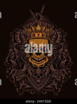 Illustration König Totenkopf mit Vintage Gravur Ornament Stock Vektor
