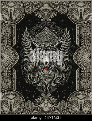 Illustration Wolfkopf mit antiker Gravur Ornament Stock Vektor