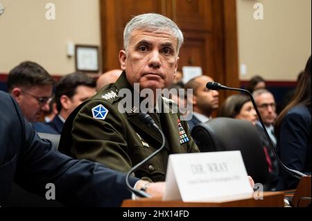 Washington, Usa. 08. März 2022. Paul Nakasone, Direktor der Nationalen Sicherheitsbehörde, nimmt an einer Anhörung des Ständigen Ausschusses für Nachrichtendienste des Repräsentantenhauses Teil. Kredit: SOPA Images Limited/Alamy Live Nachrichten Stockfoto