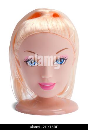 Blonde Haarpuppe Spielzeug Kopf auf Weiß geschnitten. Stockfoto