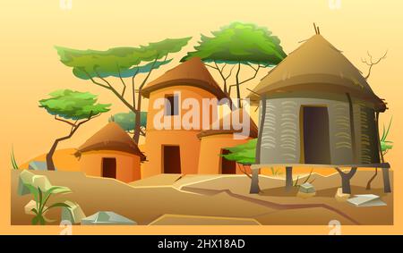 Afrika-Dorf. Sonnige, heiße, gelbe Hitze. Ländliche Häuser aus Lehm und Stroh. Afrikanische Landschaft. Akazienbäume. Vektor. Stock Vektor