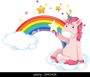 Rosafarbenes Einhorn auf einer Wolke mit Regenbogenabbildung Stock Vektor