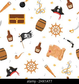 Nahtloses Muster mit Piratenflagge, Schatz und Karte. Kindliche Vektor-Illustration in flachen Cartoon-Stil. Handgezeichnetes Stoffdesign oder Packpapier Stock Vektor