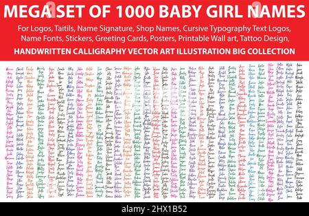 Mega Set mit 1000 Baby Girl Namen für Logos, Namensunterschrift, Shopnamen, Namensschriften, Kursive Typografie Text Logos, Aufkleber, handschriftliche Kalligraphie Stock Vektor