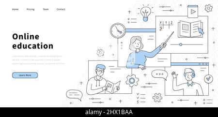 Banner für Online-Bildung mit Lehrern und Schülern auf Computerbildschirmen. Vektor-Landing-Page für digitale Fernschulausbildung oder Hochschulausbildung, E-Learning mit Skizzendarstellung Stock Vektor