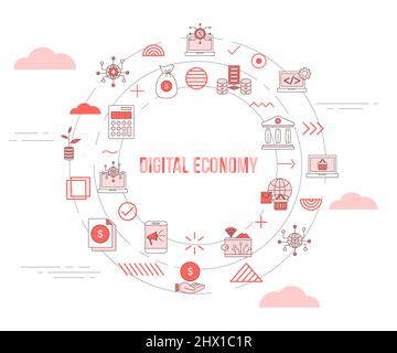 Digital Economy-Konzept mit Icon Set Template Banner und kreisrunden Shape-Vektor Stockfoto