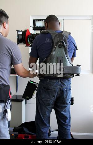 Dreharbeiten der Crew der Kinoszene in Aktion Stockfoto