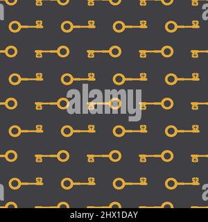 Schlüsselmuster mit nahtlosem Design. Goldene Vintage-Schlüssel auf grauem Hintergrund. Stock Vektor
