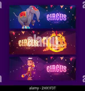 Circus zeigen Cartoon-Banner mit Tierkünstlern auf der großen Top-Arena. Einladung zur Karnevalsunterhaltung mit Tiger springen durch Feuerring, Elefant auf Ball und Jonglieraffen auf der Bühne, Vector Flyer Stock Vektor