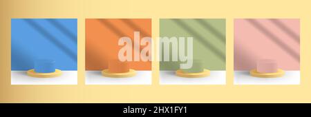 Set-Sammlung von bunten Podium Bühne oder Plattform für isolierte Produkt-Display-Präsentation mit Schatten Overlay-Effekt in Pastellfarben, blau, orange Stock Vektor