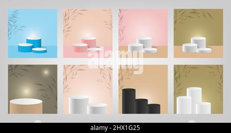 Set-Sammlung von bunten Podium Bühne oder Plattform für isolierte Produkt-Display-Präsentation mit Schatten Overlay-Effekt Rahmen in Pastellfarben, blau, Stock Vektor
