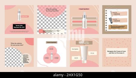 Minimalistisches Set aus moderner Mode und Beauty Social Media Post Banner Kollektion in rosa Farbe. Einschließlich Verkauf, Foto isoliert Produktanzeige, Tipps Vorlage Stock Vektor