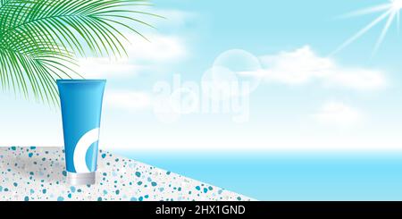 Beauty kosmetische Produkt Display Hintergrund stehen neben blauen Strand Ozean mit Palmblatt und Terrazzo Keramik für Branding und Marketing Banner templa Stock Vektor