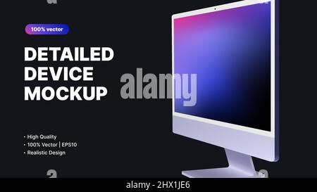 Detaillierter Computermockup. Realistische Seitenansicht des Monitors mit bearbeitbarem Bildschirm. Vektorgrafik Stock Vektor