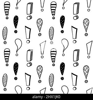 Handgezeichnetes Ausrufezeichen nahtloses Muster. Warnblinksymbol für Handzeichen. Achtung: Doodle-Symbole. Hintergrund mit Ausschreibezeichen. Vektor Stock Vektor