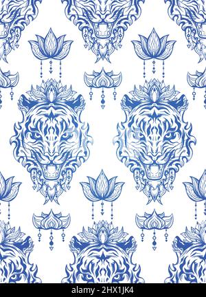 Vektor nahtloses Muster mit blauer Silhouette eines Tigers Kopf mit einem floralen Ornament. Textur mit Kontur eines brüllenden Raubtiers mit Lotus Stock Vektor