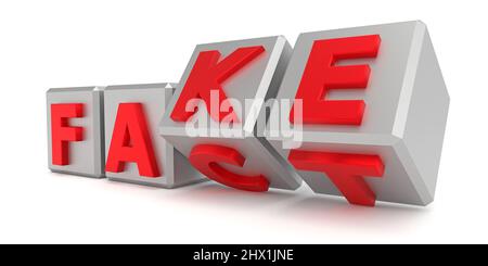 Würfel mit Buchstaben umkehren und die Wörter ändern sich von TATSACHE zu FÄLSCHUNG. 3d-Rendering Stockfoto