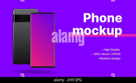 Banner Für Website-Werbung. Smartphone Vorder- und Rückansicht mit leerem Bildschirm-Mockup. Minimalistisches Lila – Werbefolie. Vektorgrafik Stock Vektor