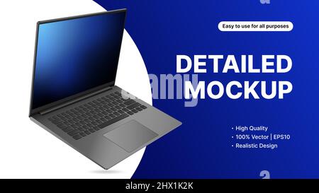 Präsentation Des Neuen Laptop-Modells. Hochwertiges Vektorgerät-Mockup auf blauem Hintergrund. Vektorgrafik Stock Vektor