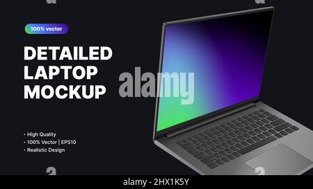 Realistische Laptop-Seitenansicht auf schwarzem Hintergrund. Banner-Vorlage für UI-Designs, Werbung, Kunstwerke. Vektorgrafik Stock Vektor