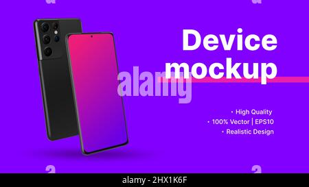Banner Für Website-Werbung. Bildschirmdiagonale Vorder- und Rückansicht des Smartphones mit leerem Bildschirm-Mockup. Minimalistisches Lila – Werbefolie. Vektorgrafik Stock Vektor