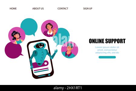 Online-Kundensupport Website Banner-Vorlage mit Chatbot und Avatare von Menschen. Menschen kommunizieren mit Roboter-Assistenten Anwendung, Cartoon vec Stock Vektor