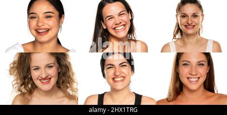 Eine Collage aus Porträts verschiedener Frauen mit einem fröhlichen Ausdruck auf weißem Hintergrund Stockfoto