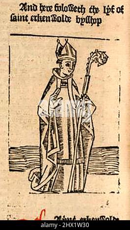 Holzschnitt aus dem 15.. Jahrhundert mit dem Heiligen Earconwald oder Erkenwald, Bischof von London, gedruckt von William Caxton ( 1422-1491/92) in seiner Übersetzung von 'die goldene Legende' oder 'so endet die in Latyn legenda aurea benannte legende, die in Englysshe die goldene legende heißt' von Jacobus de Voragine (ca. 1229-1298). Stockfoto