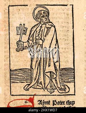 Holzschnitt aus dem 15.. Jahrhundert, der den heiligen Petrus mit seinen Schlüsseln zeigt, wie er von William Caxton ( 1422-1491/92) in seiner Übersetzung von 'die goldene Legende' oder 'so endet die legende, die in Latyn legenda aurea genannt wird, die in Englysshe die goldene legende heißt' von Jacobus, de Voragine, gedruckt wurde (um 1229-1298). Stockfoto