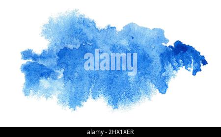 Abstraktes blaues Aquarell auf weißem Hintergrund isoliert Stockfoto