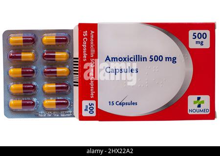 Blisterpackung mit Amoxicillin-Kapseln 500 mg Noumed Antibiotika zur Behandlung einer Reihe von bakteriellen Infektionen - Antibiotika-Kapseln, Antibiotika-Pillen Stockfoto