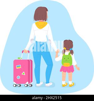 Ukrainisches Flüchtlingskonzept. Frau mit Kind, die mit dem Koffer läuft. Kriegsmigration Menschen Illustration im Cartoon-Stil. Stock Vektor