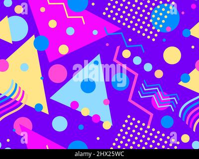 Memphis Nahtloses Muster mit geometrischen Formen im Stil von 80s. Abstraktes farbenfrohes Hintergrunddesign für Broschüren, Banner und Werbeartikel. Vektor Stock Vektor