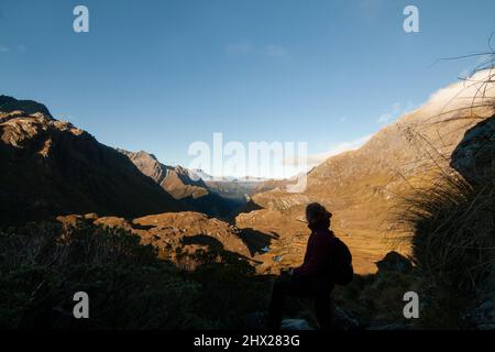 Wanderer auf dem Routeburn Track Great Walk Wandern Sie hinunter zum Routeburn Valley, Tramping in Neuseeland Stockfoto