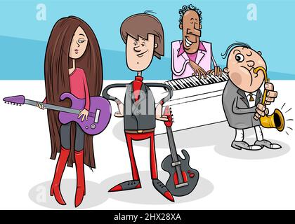 Cartoon Illustration von Mädchen und Kerl mit Gitarren und Musikband Stock Vektor