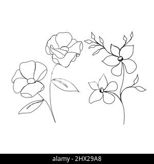 Satz von Blumen kontinuierliche Linienzeichnung. Eine Linie Kunst. Minimalismus Skizze, Idee für die Einladung, Gestaltung von instagram Geschichten und Highlights Icons Stockfoto