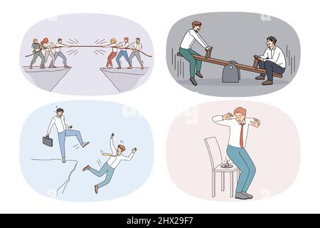 Verschiedene Geschäftsleute, die am Wettbewerb um den Arbeitsplatz beteiligt sind. Konzept von Rivalität und Führung. Die Sammlung von Mitarbeitern konkurriert mit Kollegen um ihre Position. Vektorgrafik. Stock Vektor