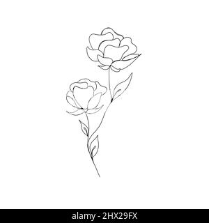 Rosenblüte kontinuierliche Linienzeichnung. Eine Linie Kunst. Minimalismus Skizze, Idee für die Einladung, Gestaltung von instagram Geschichten und Highlights Icons Stockfoto