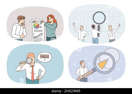 Sammlung von Bankern analysiert Finanzdaten mit Lupe. Eine Gruppe von Geschäftsleuten oder Bankmitarbeitern arbeitet mit Schemata und Diagrammen. Analyse und Finanzen. Vektorgrafik. Stock Vektor