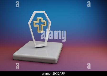 Schöne abstrakte Illustrationen Goldene Halloween RIP Symbol Symbol auf einem Keramikständer und hellen farbigen Hintergrund. 3D Rendering-Illustration. Backgr Stockfoto