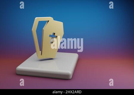 Schöne abstrakte Illustrationen Goldene Halloween RIP Symbol Symbol auf einem Keramikständer und hellen farbigen Hintergrund. 3D Rendering-Illustration. Backgr Stockfoto
