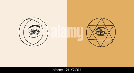 Handgezeichneter Vektor abstrakter Stock flache grafische Illustrationen mit Logo-Element, Bohemian Astrologie Magie minimalistisches Emblem der mystischen Linienbogen gesetzt Stock Vektor