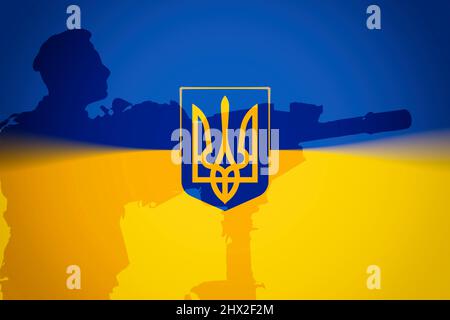 Ukraine-Krieg. Ukrainische Armee Waffe, Schlachtfeld. Soldat, Waffe Silhouette, Wappen Flagge Hintergrund. 3D Rendern Stockfoto