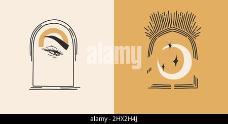 Handgezeichneter Vektor abstrakter Stock flache grafische Illustrationen mit Logo-Element, Bohemian Astrologie Magie minimalistisches Emblem der mystischen Linienbogen gesetzt Stock Vektor
