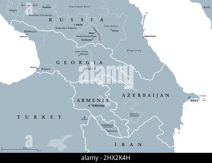 Kaukasus, Kaukasus, graue politische Landkarte. Region zwischen dem Schwarzen Meer und dem Kaspischen Meer, hauptsächlich von Armenien, Aserbaidschan, Georgien und Russland besetzt. Stockfoto