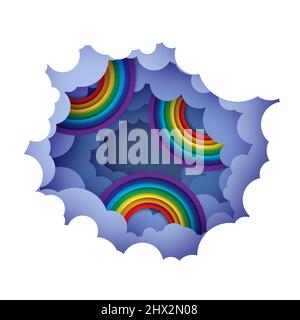 Regenbogen. Wolkiger Papierschnitt Kunst. Nachthimmel Wolken Papier Handwerk Stil. Volumetrische Wolkenlandschaft. Runder Rahmen. Stock Vektor