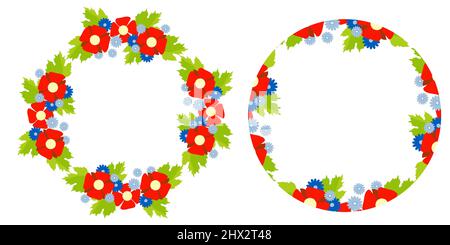 Set aus runden Rahmen mit Blumenmuster. Dekorative rote Mohnblumen und Malgen und blaue Kornblumen mit Platz für Text in der Mitte. Vektorgrafik Fo Stock Vektor